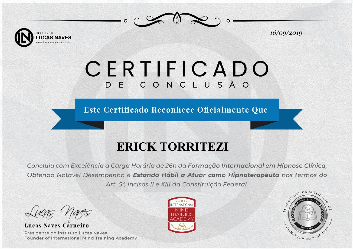 Certificado de conclusão: Formação Internacional em Hipnose Clínica