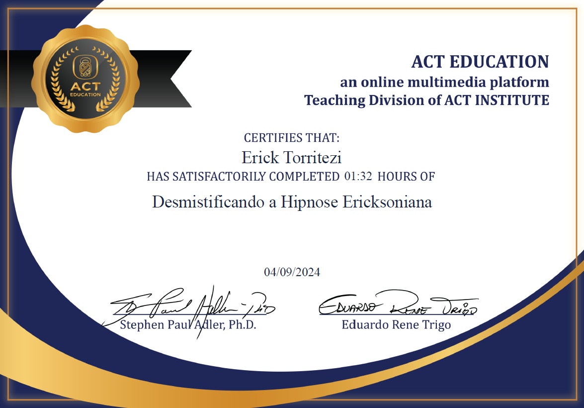 Certificado de conclusão: Desmistificando a Hipnose Ericksoniana