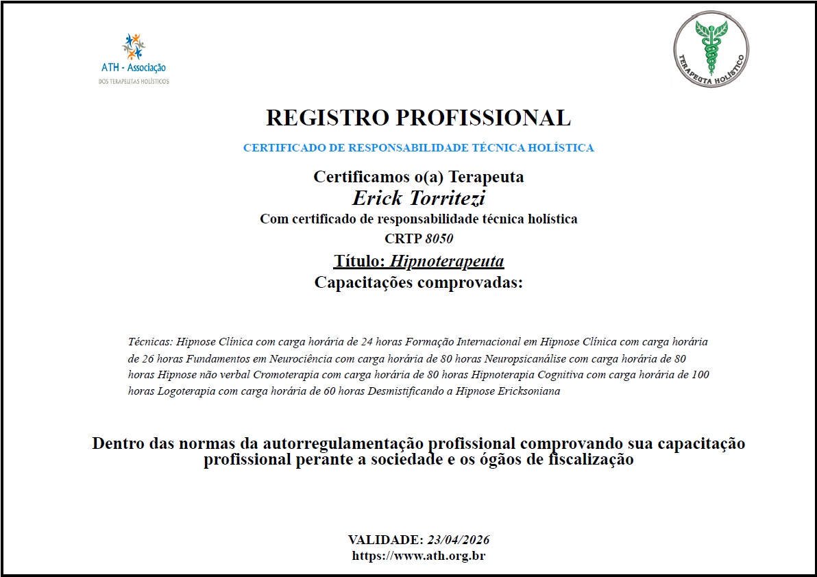 Registro emitido · validade indicada no documento: Registro profissional ATH · CRTP 8050
