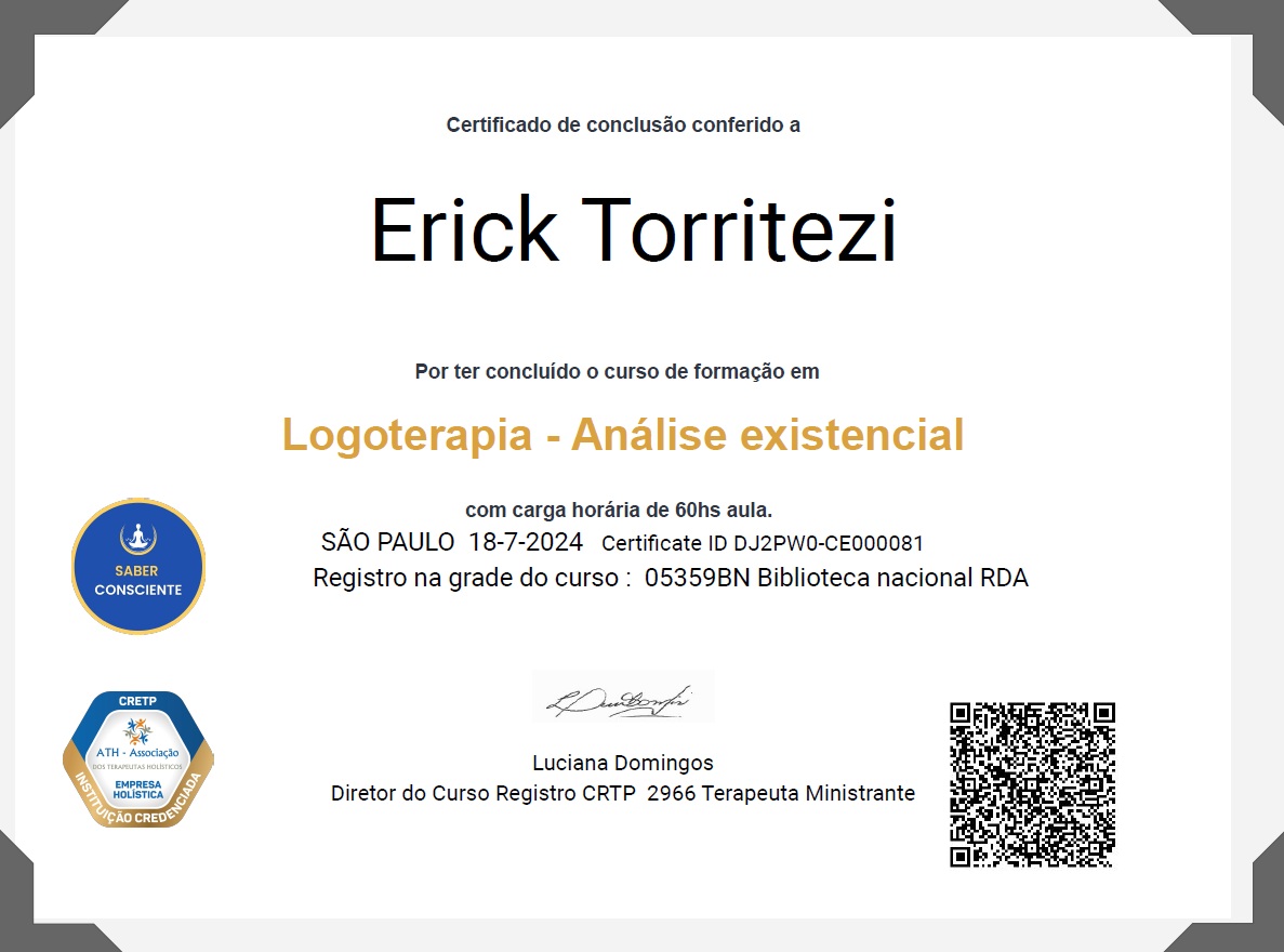 Certificado de conclusão: Logoterapia — Análise Existencial