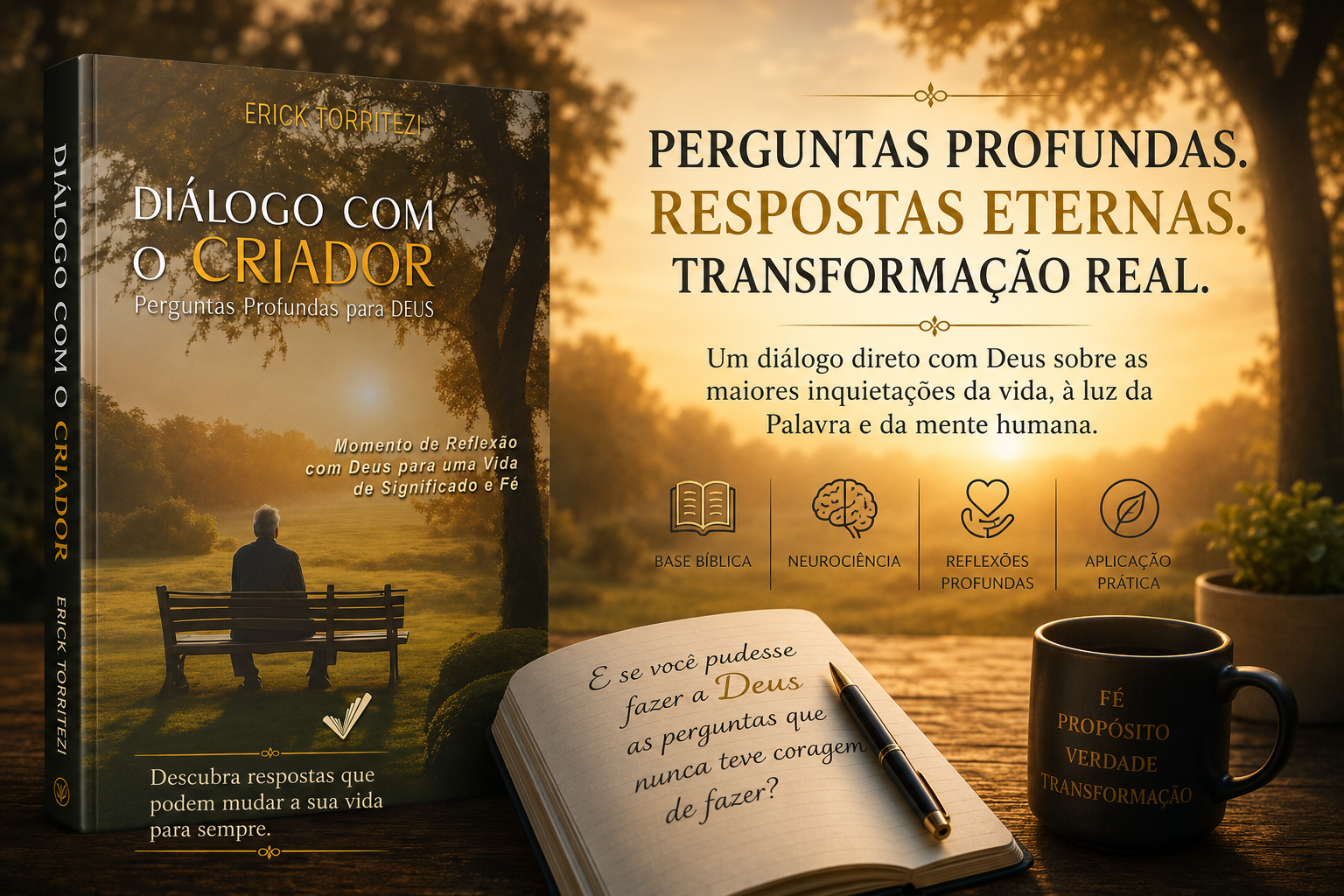 Arte de Diálogo com o Criador: livro, caderno e café em uma paisagem dourada