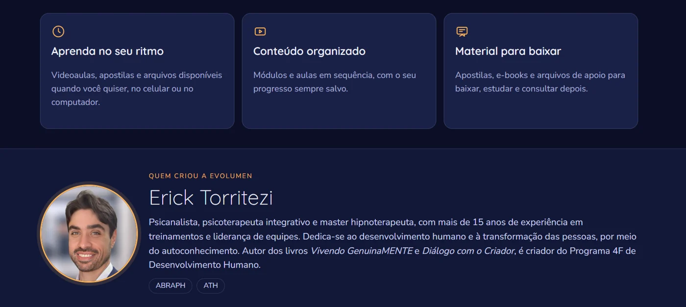 A EvoLumen apresenta aprendizado no seu ritmo, conteúdo organizado, materiais para baixar e seu idealizador Erick Torritezi